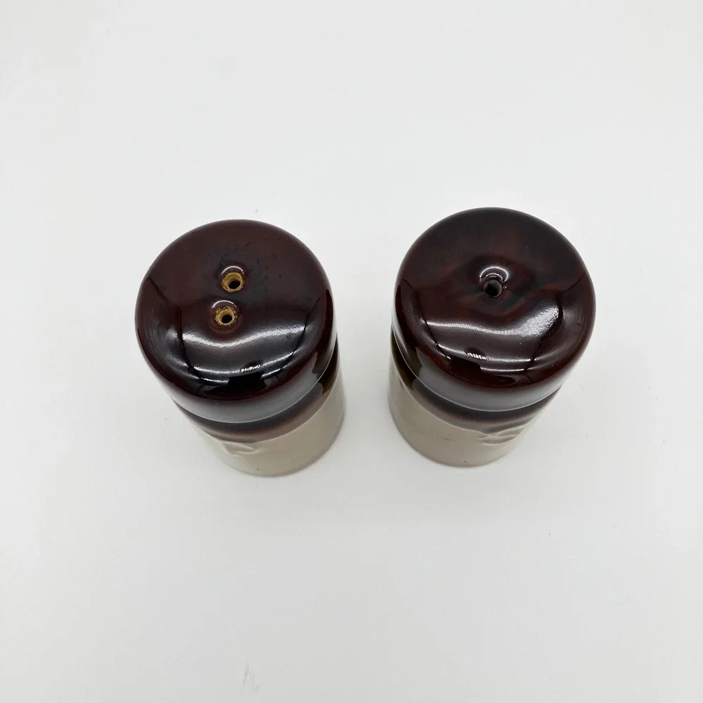 Vintage Salt & Pepper Shakers Set 4.25in Brown Dip Glaze Stoneware MCM Retro